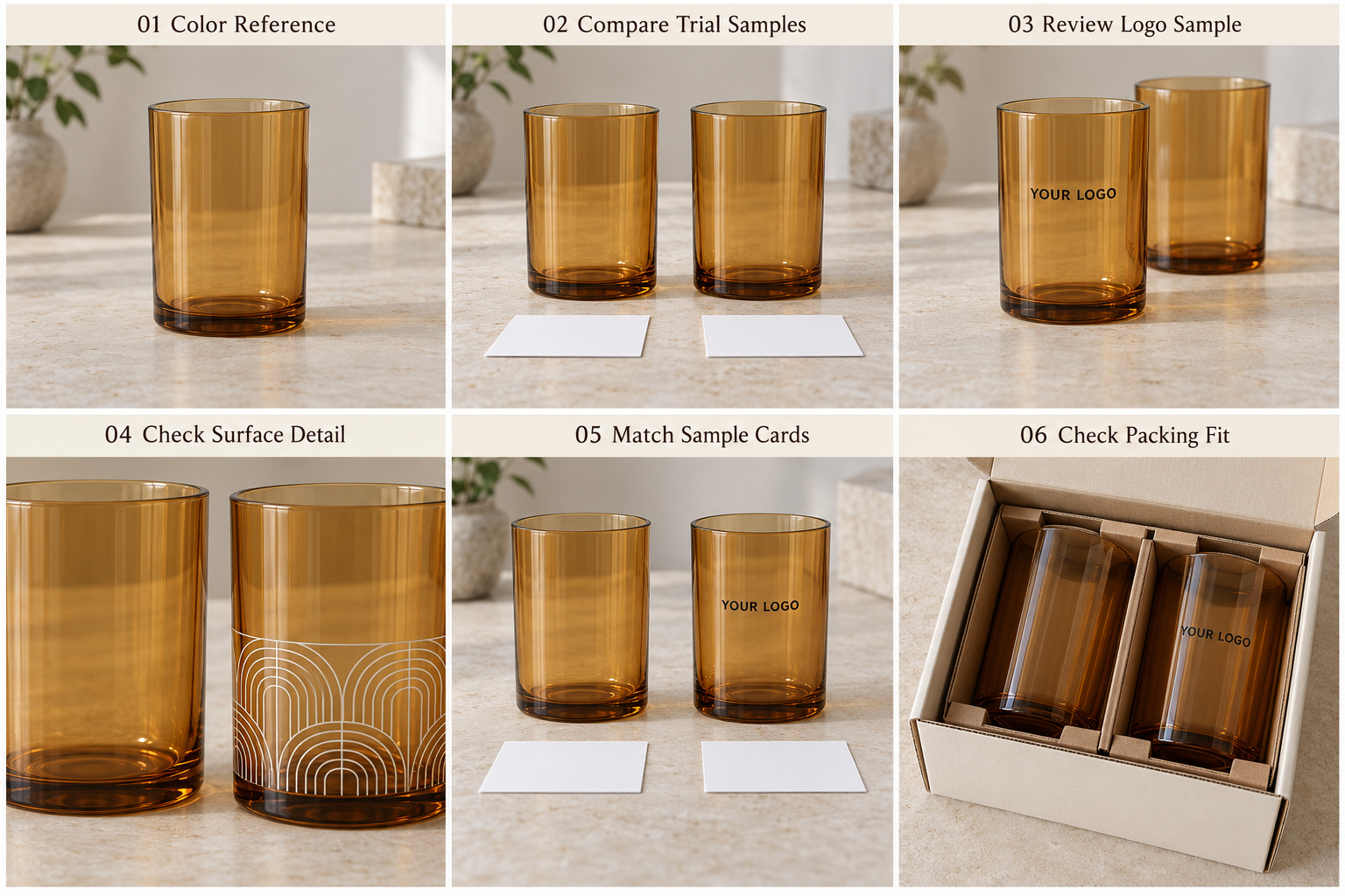 Amber glass cup samples with logo and packing checks