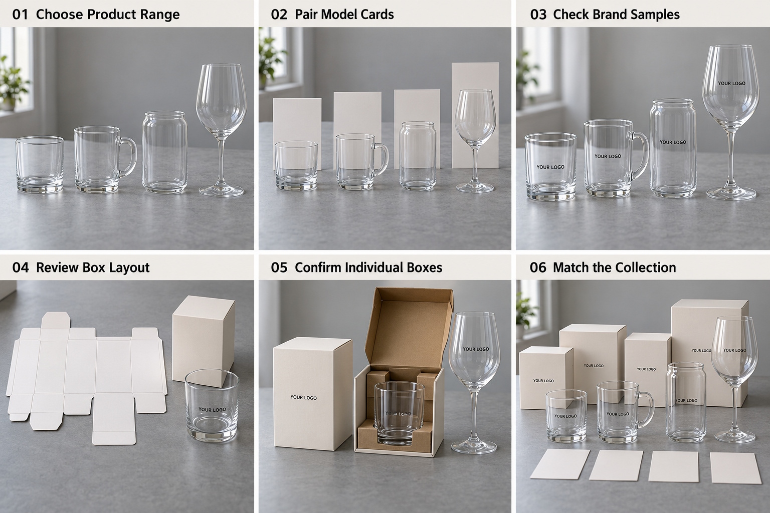 Branded glassware with model cards and packaging layouts