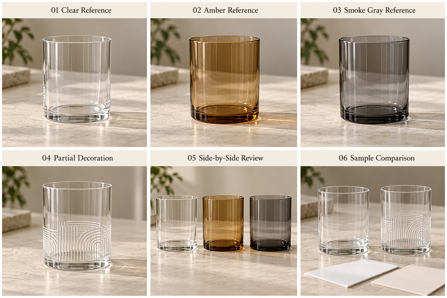Clear, amber and smoke gray glass cup samples