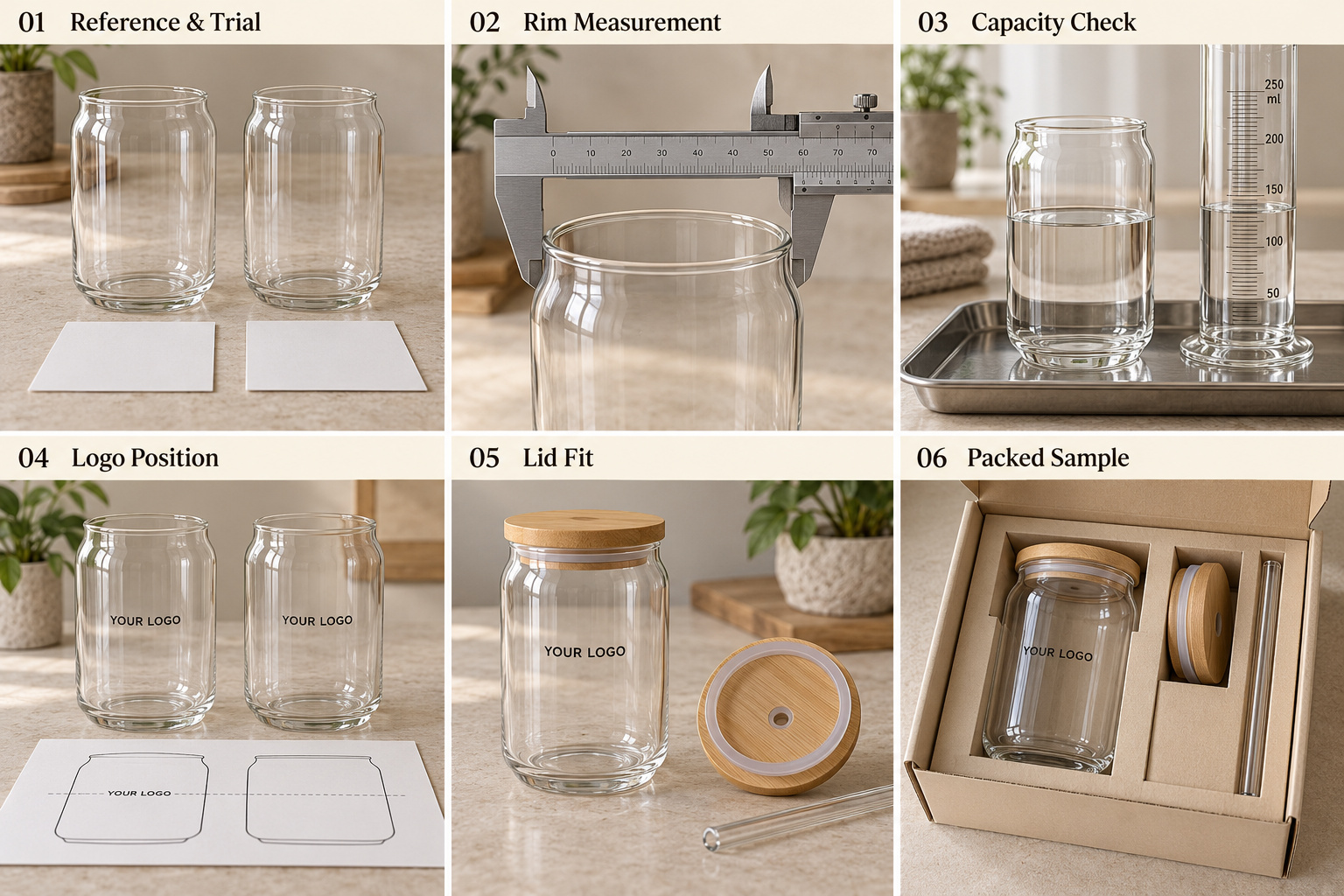 Glass can cup sample checks before production approval