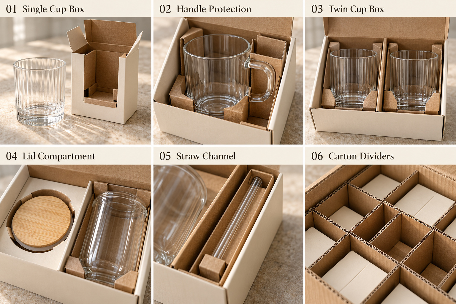 Glass cup boxes with inserts and accessory compartments