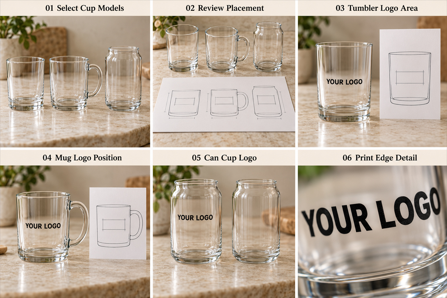 Glass cup logo placement and print edge details