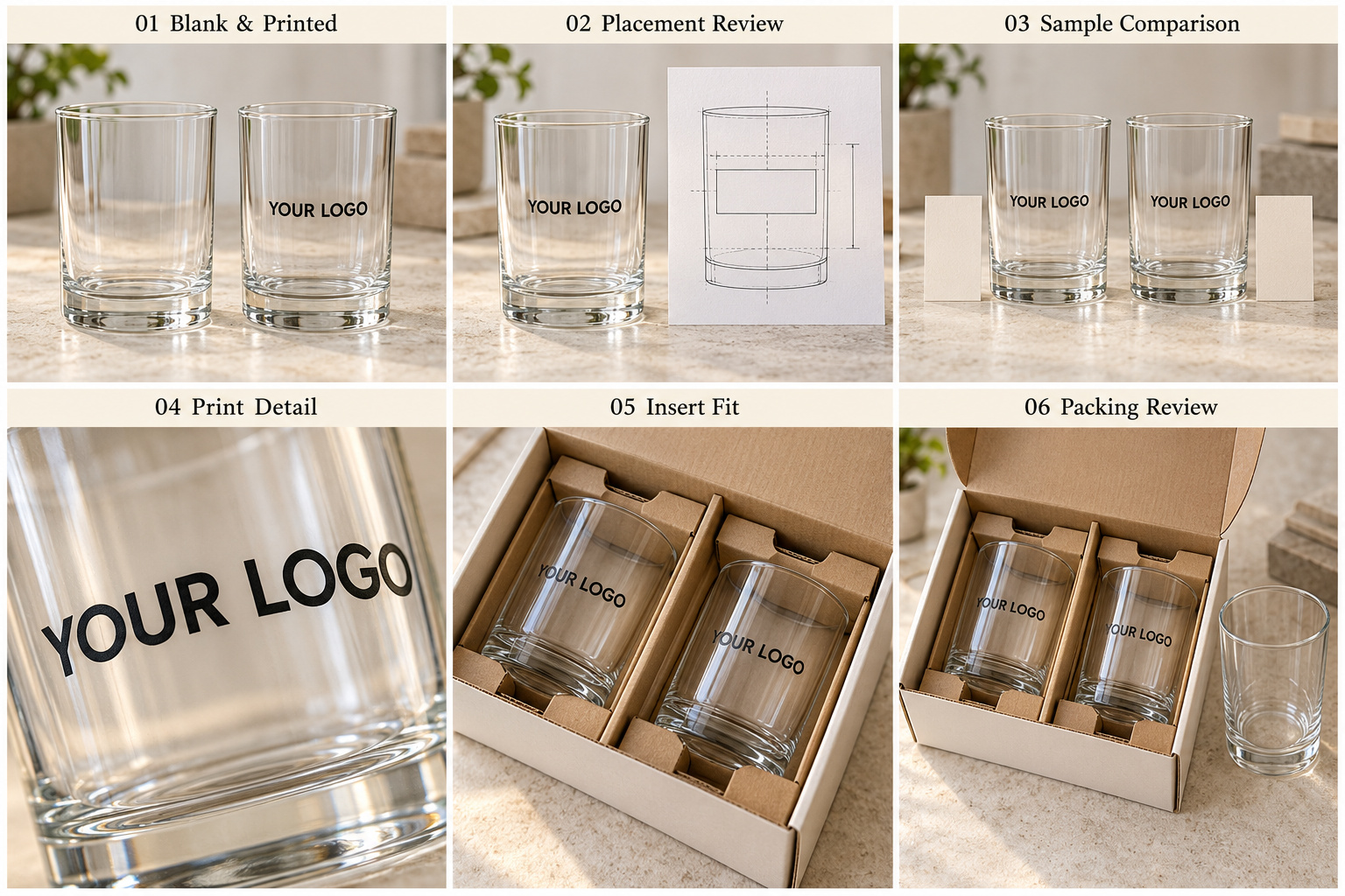 Glass cup logo samples with protective cardboard inserts