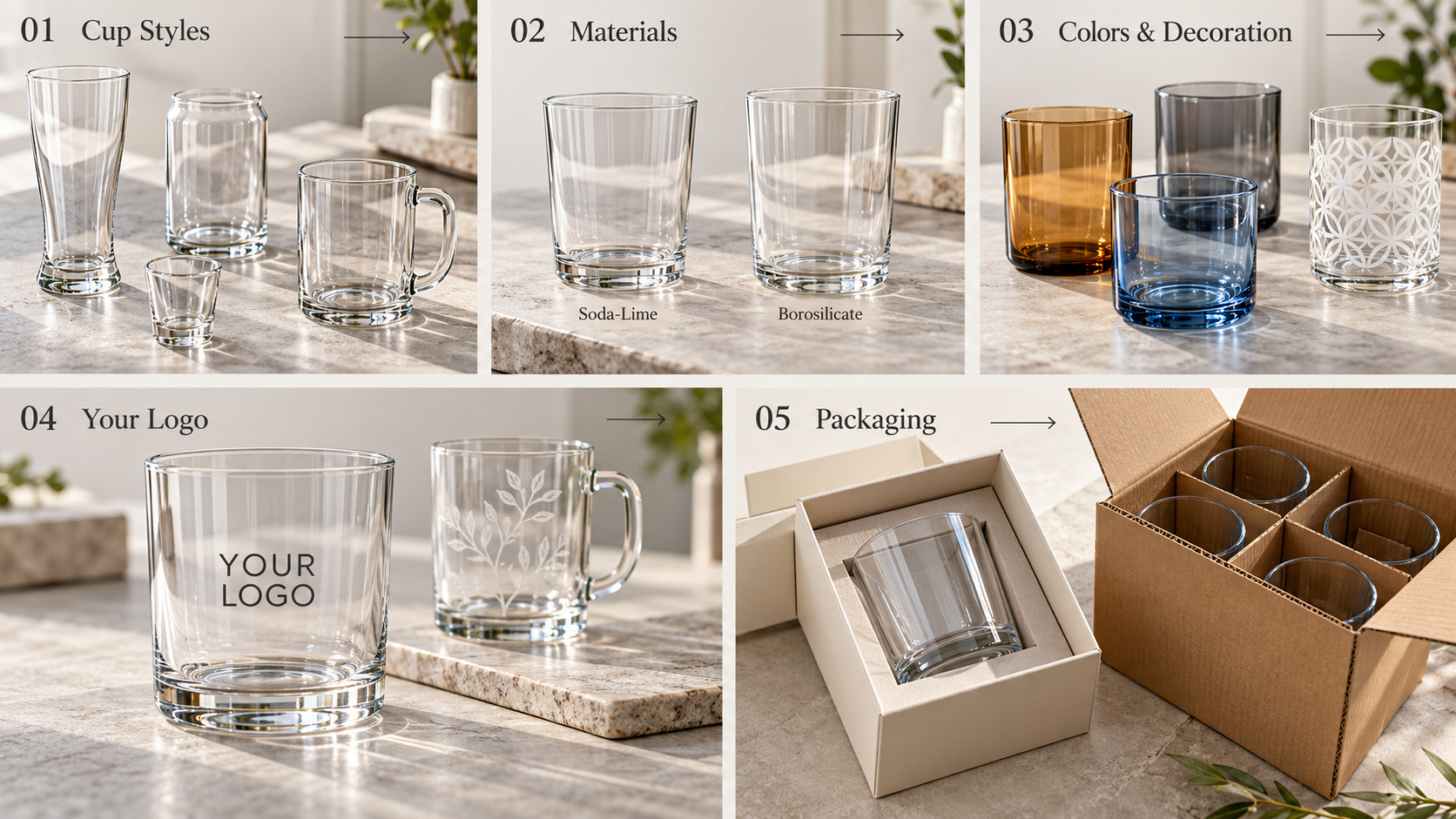 Glass cup materials, decoration and protective packaging