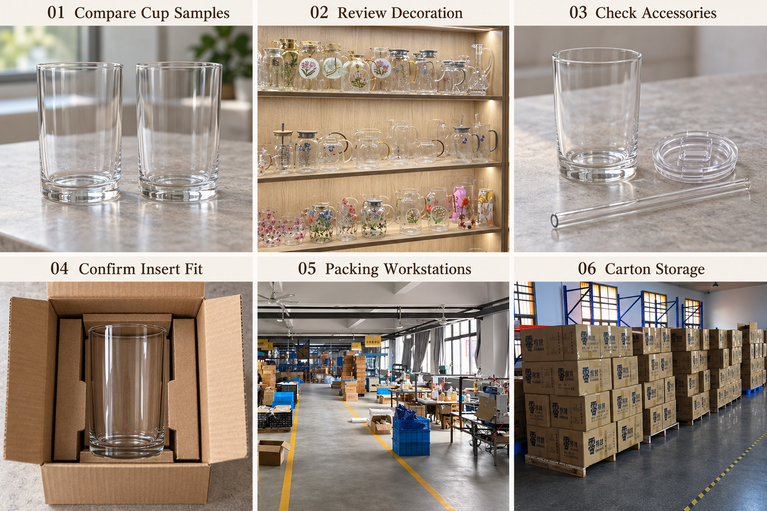 Glass cup sample checks, packing and carton storage