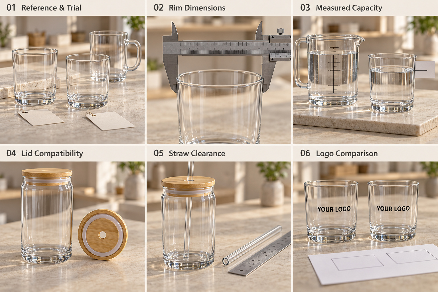 Glass cup sample comparison and accessory fit checks