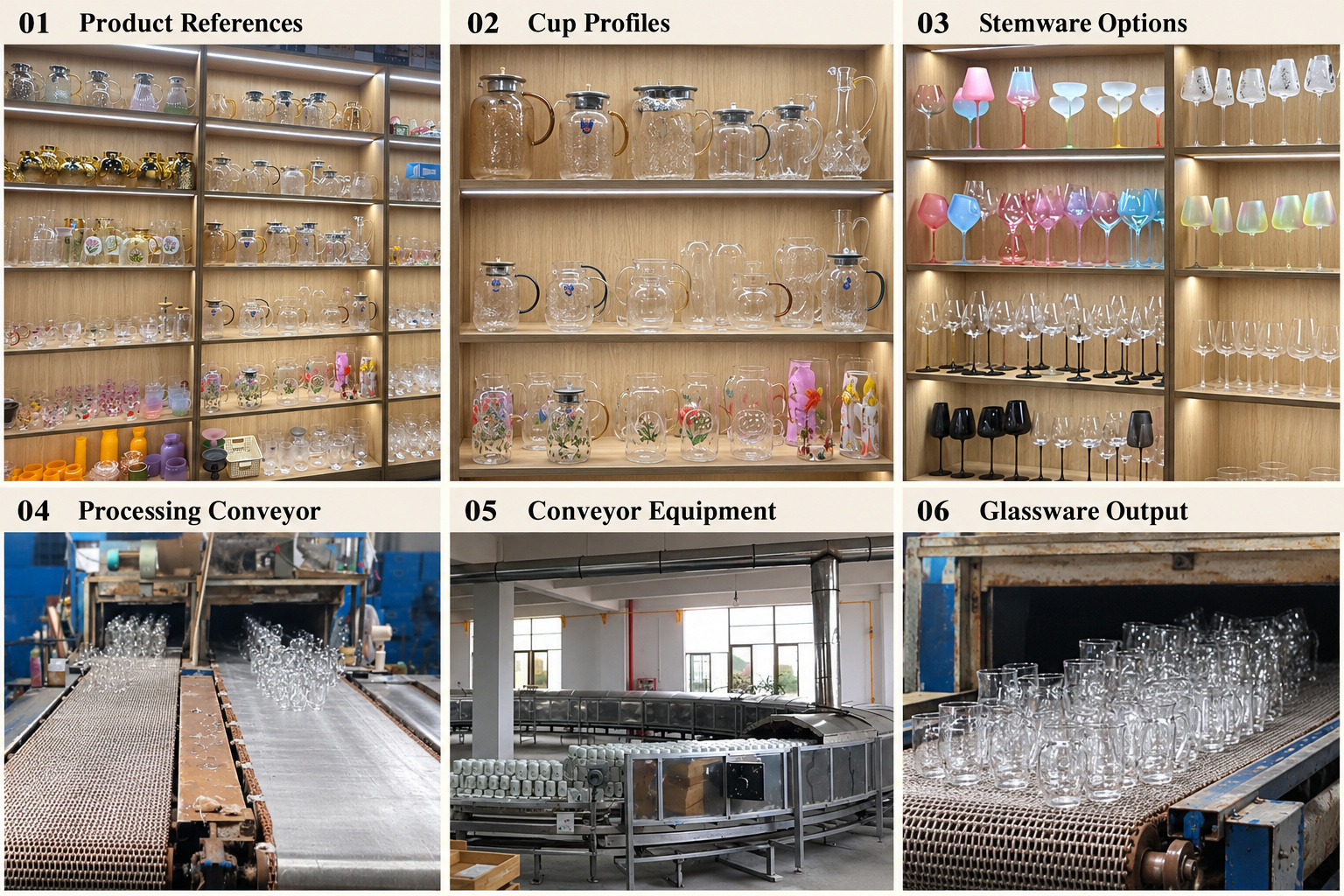 Glass cup samples and processing conveyor details