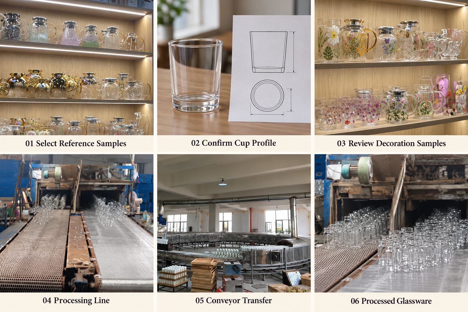 Glass cup samples and production conveyor stages