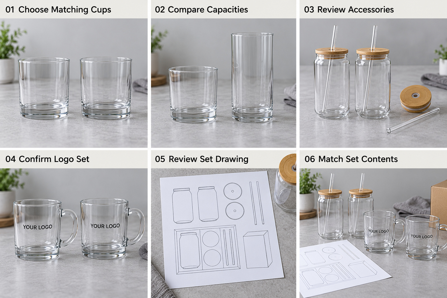 Glass cup set samples with logos and layout drawings