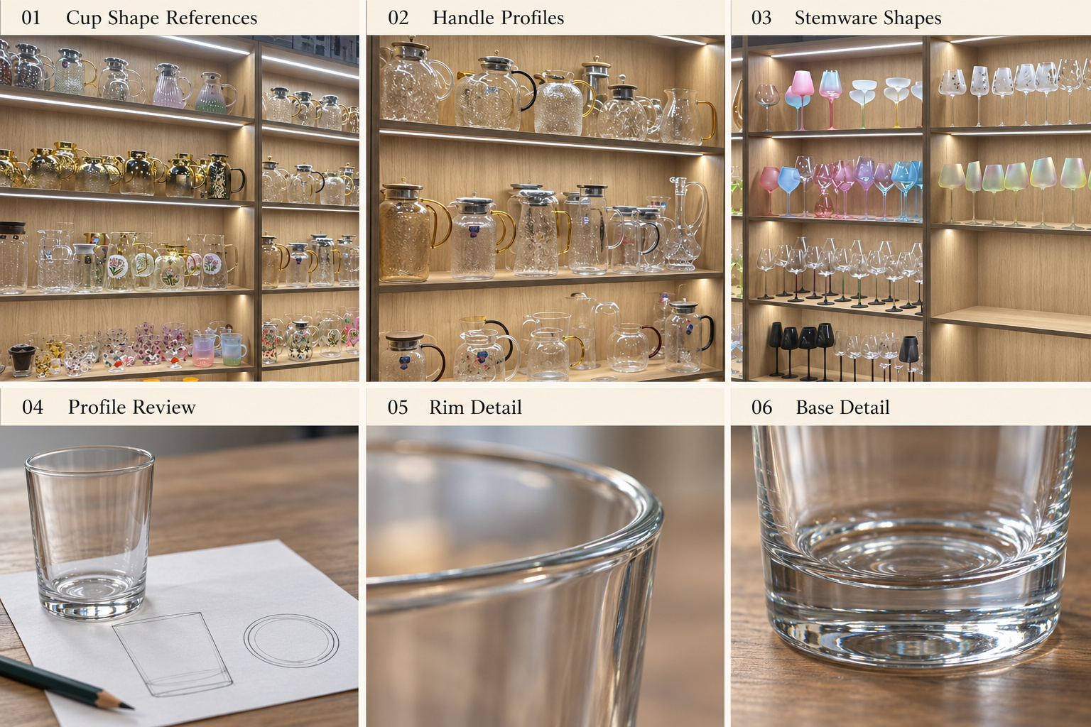 Glass cup shapes with rim and base details