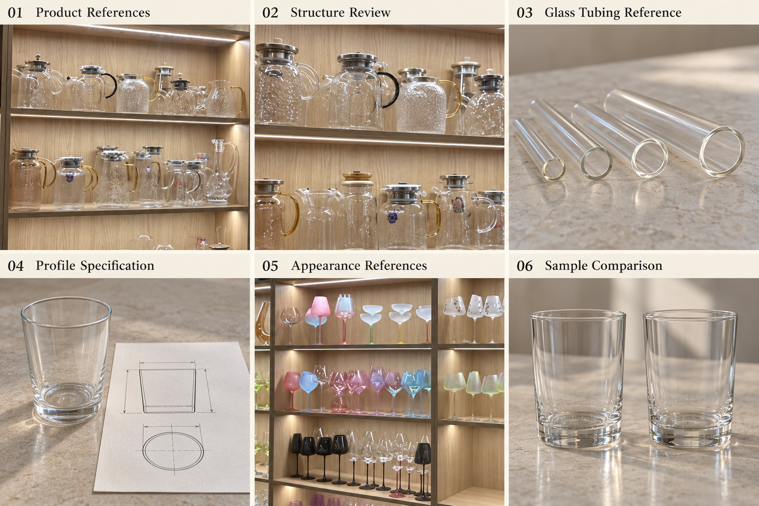 Glass material references, tubing and cup samples