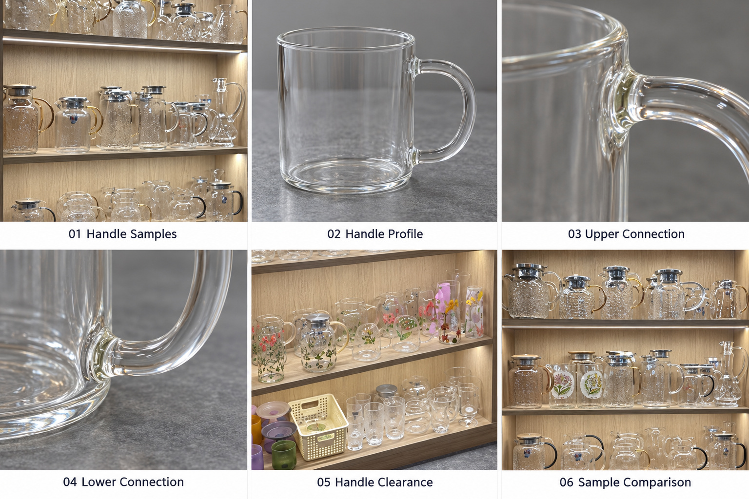 Glass mug handle profiles and connection details