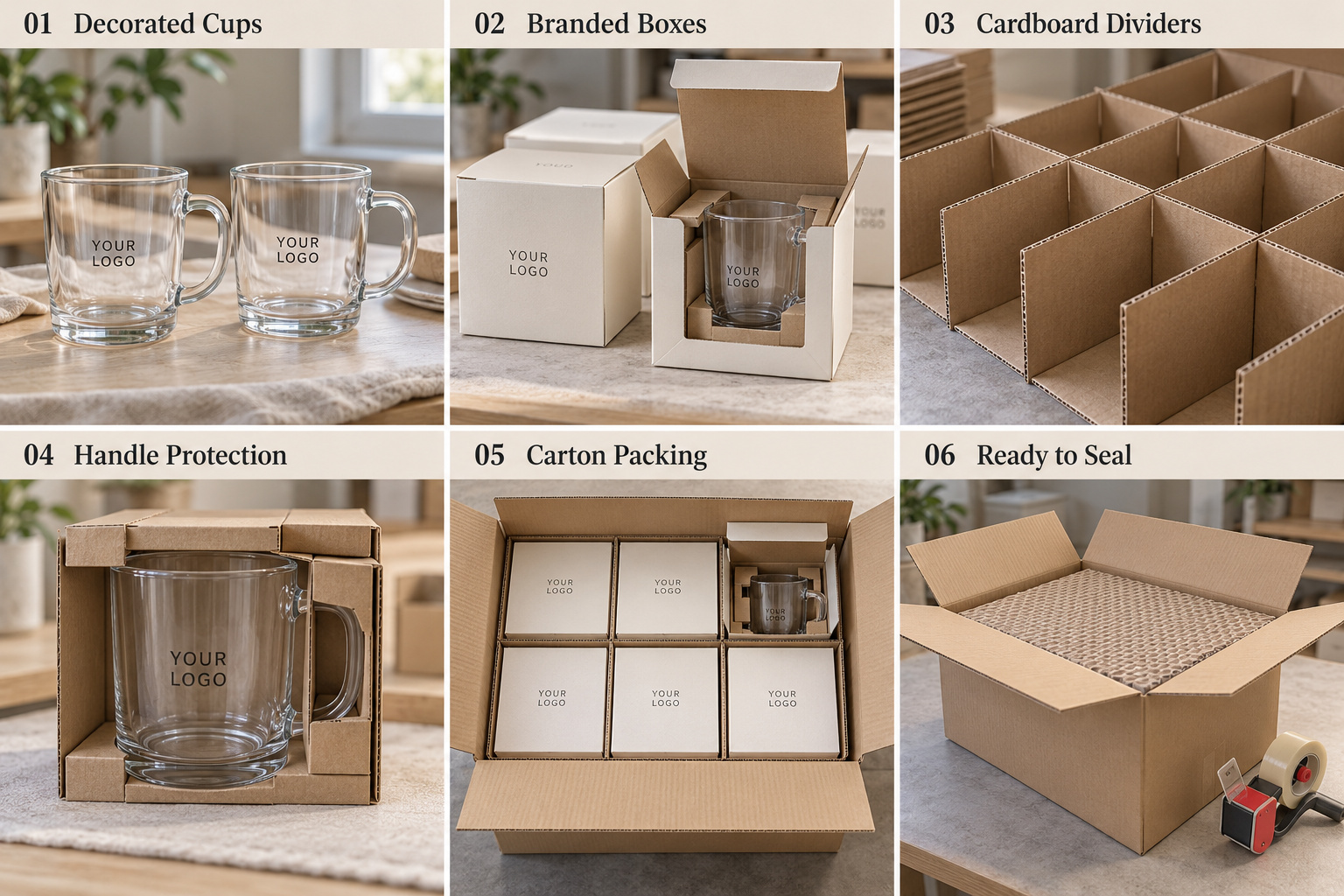 Glass mug packaging with handle protection and dividers