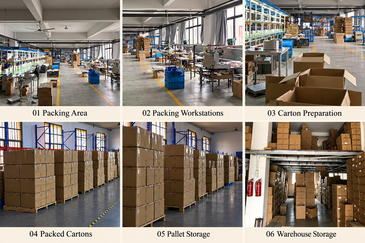 Packing workstations and carton warehouse storage