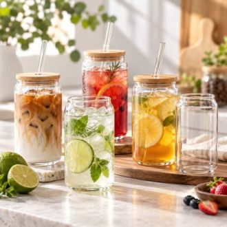 Glass can cups with bamboo lids and glass straws for wholesale and OEM orders
