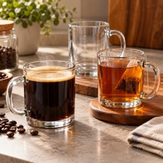 Clear glass coffee and tea mugs with handles for wholesale supply